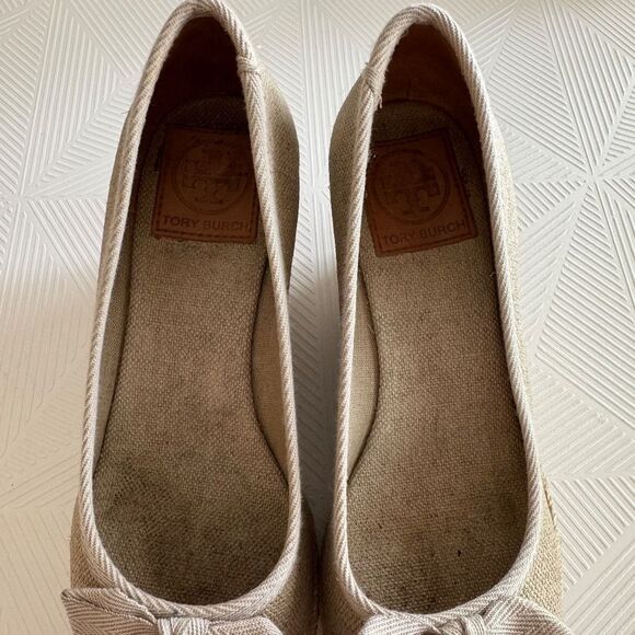 Tory Buch Espadrilles Wedged Slip On Metallic Canvas Neutral Tan Size 6.5 - Picture 7 of 10